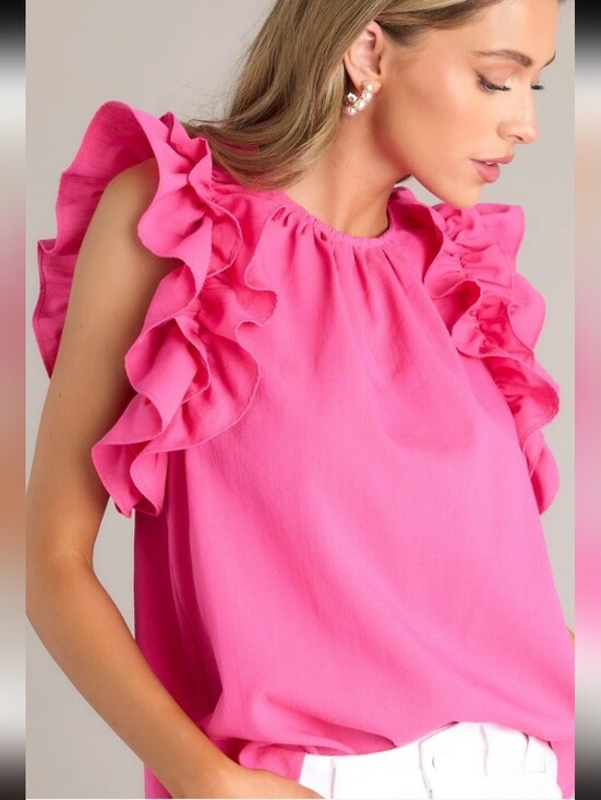 entro Tops - Entro Dawn of My Heart Hot Pink Ruffled Sleeve Flutter Top Blouse Small